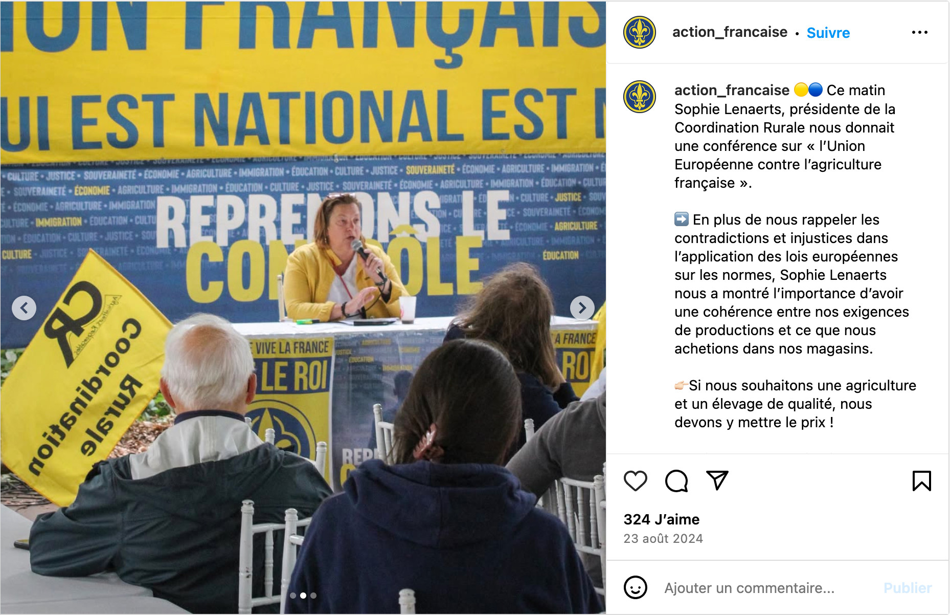 La vice-présidente de la Coordination Rurale, Sophie Lenaerts, participe à l’université d’été du mouvement royaliste Action française, le 23 août 2024. Capture d’écran du compte Instagram de l’Action française